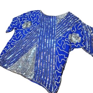 Vintage 80s‎ Blue Silver Beaded Sequin Slouchy Short Top Silk Disco Party Glam L